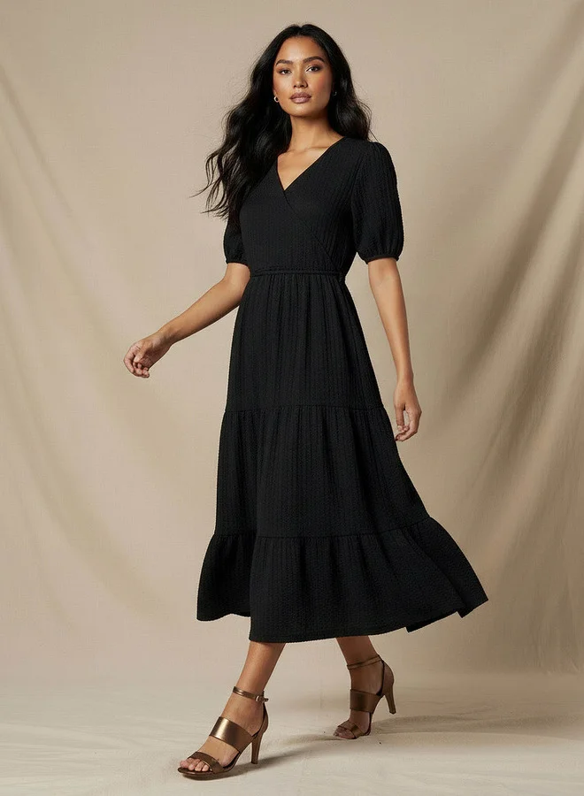 Splash FAV Midi Textured Tiered Dress with Short Puff Sleeves